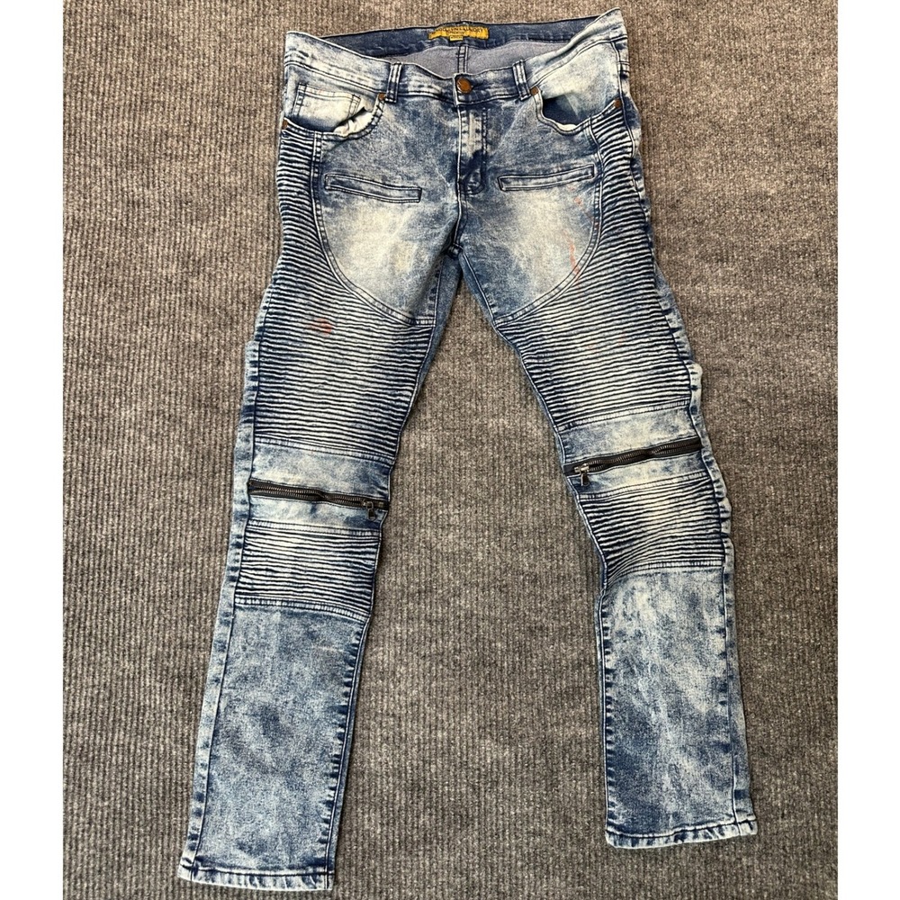 Brooklyn Laundry Premium Moto Jeans 34x32 Blue Acid Wash Ribbed Biker Denim